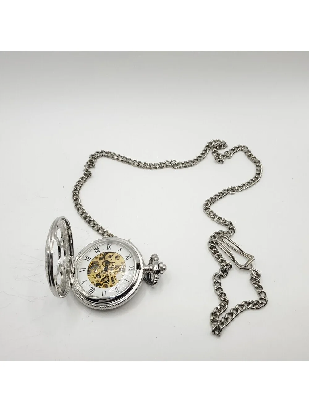 Steam Punk Mechanical Pocket Silver 47mm Pocket Watch With Chain